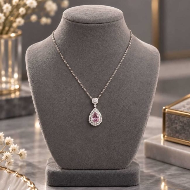 Mulkanaa Blush Pink Sapphire Halo Pendant Necklace