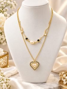 Pearl Noir Heart Layered Necklace