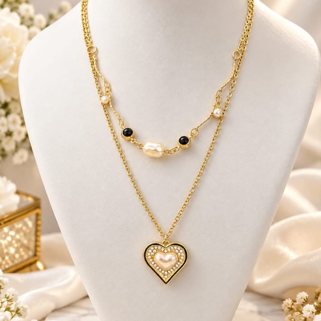 Pearl Noir Heart Layered Necklace